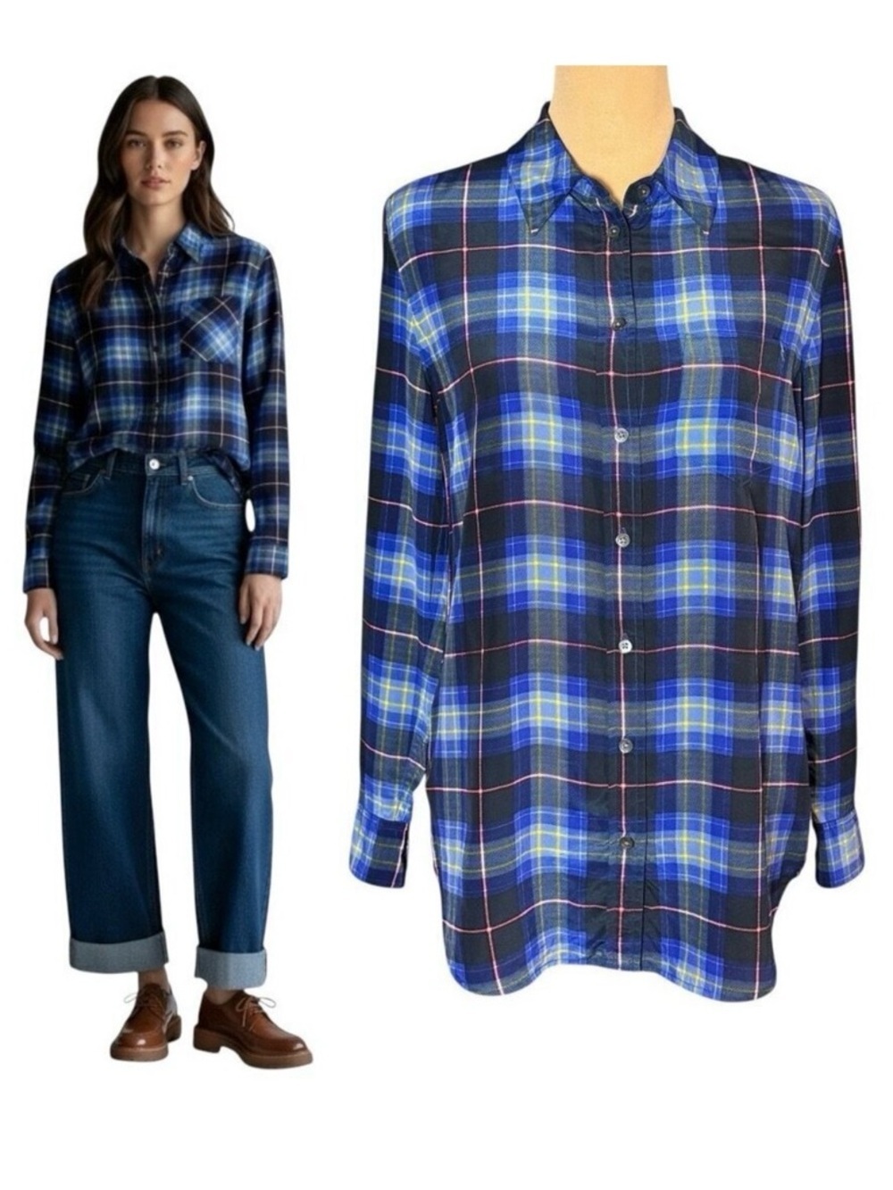 Equipment 100% Silk Plaid Shirt SZ XS Blue Oversized Preppy Academia Grunge